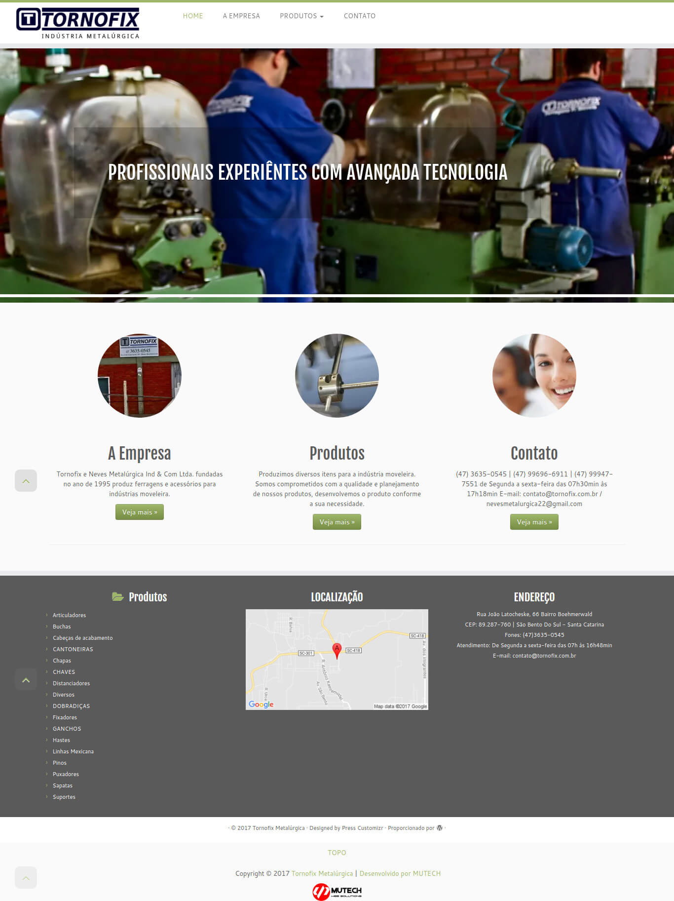 Website institucional da Indústria Metalúrgica Tornofix de São Bento do Sul/SC.