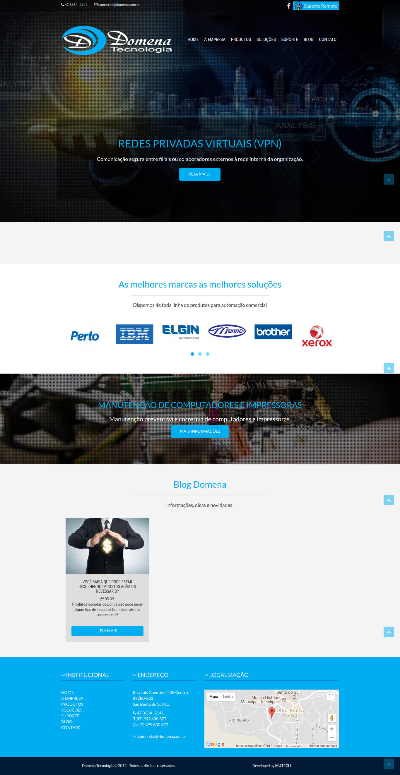 Website institucional da tradicional empresa de automação comercial de São Bento do Sul/SC, Domena Tecnologia.